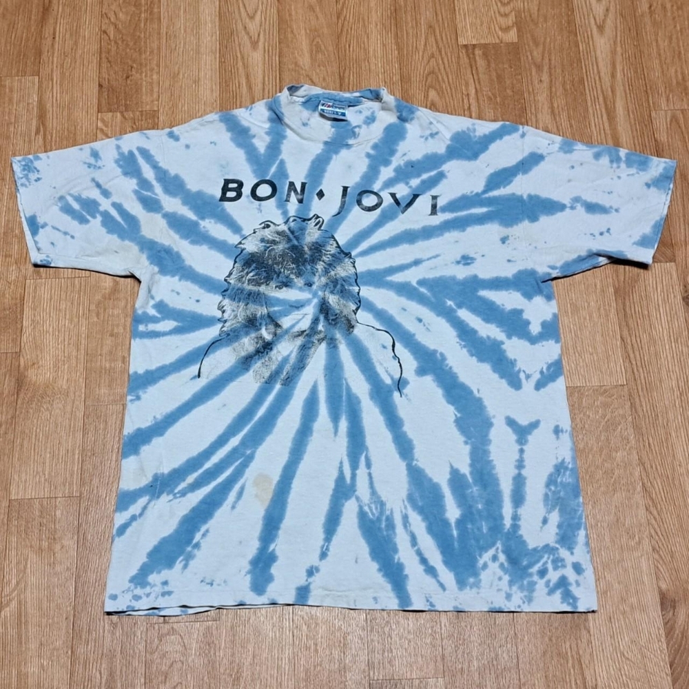 Vintage 80s Bon Jovi Skid Row Tye Dye Shirt Size Large Distressed Made in USA